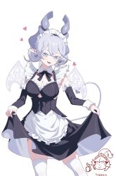 1girl absurdres alternate_costume black_dress blush breasts cleavage cowboy_shot demon_girl demon_horns demon_tail demon_wings dress duel_monster earrings grey_eyes grey_hair highres horns jewelry knight_(yu-gi-oh!) large_breasts long_hair lovely_labrynth_of_the_silver_castle maid maid_headdress pointy_ears rare_lemon simple_background solo tail thumbs_up transparent_wings variant_set white_background white_wings wings yu-gi-oh!