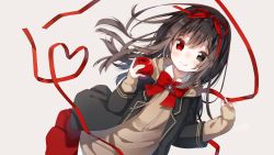 Rule 34 | 1girl, apple, black eyes, black hair, blush, bow, bowtie, eyebrows, food, fruit, hair ornament, hair ribbon, hands up, heripiro, heterochromia, highres, holding, holding food, holding fruit, holding ribbon, jacket, long hair, long sleeves, looking at viewer, original, pleated skirt, red bow, red eyes, red ribbon, red skirt, ribbon, shirt, skirt, sleeves past wrists, smile, solo, tongue, tongue out