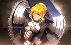 Rule 34 | 1girl, ahoge, armor, armored dress, artoria pendragon (fate), bad id, bad pixiv id, blonde hair, fate/stay night, fate (series), green eyes, hei tong shi, highres, planted sword, planted, saber (fate), solo, sword, weapon