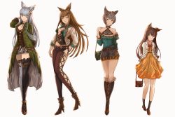 Rule 34 | 10s, 4girls, :d, :o, absurdres, alternate costume, animal ears, ankle boots, arm at side, arm behind head, armor, aster (granblue fantasy), asymmetrical footwear, asymmetrical legwear, bad id, bad twitter id, bag, bare shoulders, belt, black footwear, black shorts, black socks, blue eyes, boots, bow, bracelet, breastplate, breasts, brown eyes, brown footwear, brown hair, casual, choker, cleavage, closed mouth, coat, cross-laced footwear, diamond (shape), dress, erune, eyelashes, fashion, fishnets, flat chest, full body, fur-trimmed boots, fur trim, gem, granblue fantasy, grey hair, hair ornament, halterneck, hand on own shoulder, hand on own thigh, handbag, head tilt, heart, high heel boots, high heels, highleg, highleg panties, highres, jacket, jewelry, kneehighs, korwa, legs together, lineup, long hair, long sleeves, looking at viewer, medium breasts, metera (granblue fantasy), miniskirt, mismatched footwear, mismatched legwear, mole, mole under mouth, multiple girls, navel, off shoulder, open mouth, orange dress, panties, pants, pink panties, pleated skirt, pocket, polka dot, polka dot dress, red bow, see-through, shawl, shoes, short hair, shorts, simple background, skirt, sleeves past elbows, smile, socks, stella (granblue fantasy), stomach, sutera (granblue fantasy), thigh boots, thighhighs, underwear, very long hair, white background, white footwear, white jacket, x hair ornament, yatsuka (846), zettai ryouiki