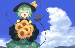 Rule 34 | ^ ^, ^o^, black hat, blue sky, bow, closed eyes, cloud, cloudy sky, day, floral print, flower, frills, green hair, green skirt, hat, hat bow, heart, heart of string, highres, komeiji koishi, leaf, long sleeves, looking at viewer, puffy sleeves, shirt, short hair, skirt, sky, solo, sunflower, third eye, touhou, usuaji, yellow shirt