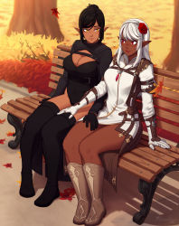 Rule 34 | 2019, 2girls, absurdres, artist name, bench, black hair, boots, breasts, claire lanquairt, cleavage, commentary, commission, crystal, dark-skinned female, dark skin, dated, elezen, elf, english commentary, final fantasy, final fantasy xiv, flower, gloves, hair between eyes, hair bun, hairband, hand on another&#039;s thigh, highres, jewelry, large breasts, leotard, long hair, long sleeves, looking at another, multiple girls, necklace, outdoors, pointy ears, razalor, red eyes, rose, second-party source, single hair bun, sitting, thigh boots, thighhighs, tree, warrior of light (ff14), watermark, white hair, yellow eyes, yuri
