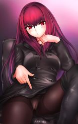 Rule 34 | 1girl, bad id, bad pixiv id, black footwear, black jacket, blush, boots, breasts, buttons, fate/grand order, fate (series), hair between eyes, hair intakes, hanamasa ono, highres, jacket, knee boots, large breasts, long hair, long sleeves, looking at viewer, open mouth, panties, panties under pantyhose, pantyhose, purple hair, red eyes, scathach (fate), scathach (traveling outfit) (fate), solo, thigh boots, thighhighs, thighs, underwear