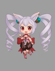 Rule 34 | 1girl, absurdres, animal ears, bare shoulders, cat ears, chibi, drill hair, eyebrows, full body, grey hair, highres, long hair, looking at viewer, open mouth, original, red eyes, smile, solo, twin drills, twintails, xian yu zhanshi