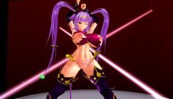 Rule 34 | 1girl, 3d, arms up, artist request, breasts, curvy, female focus, heart, heart tattoo, huge breasts, legs apart, long hair, long twintails, looking at viewer, monkey tail, nipples, no pussy, pubic tattoo, purple hair, queen&#039;s blade, queen&#039;s blade grimoire, revealing clothes, seiten (queen&#039;s blade), shiny skin, smile, solo, tail, tattoo, thong, tiara, torn clothes, twintails, very long hair