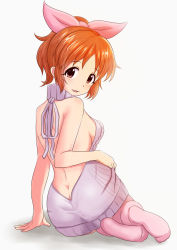 Rule 34 | 10s, 1girl, :3, abe nana, aran sweater, arm support, ass, backless dress, backless outfit, bare back, bare shoulders, blush, breasts, brown eyes, butt crack, cable knit, dress, full body, hair ribbon, halterneck, idolmaster, idolmaster cinderella girls, looking at viewer, looking back, medium breasts, meme attire, orange hair, parted lips, pink ribbon, ponytail, ribbed sweater, ribbon, shadow, short hair, sideboob, simple background, smile, solo, sweater, sweater dress, tareme, turtleneck, turtleneck sweater, virgin killer sweater, white background, yasuhito