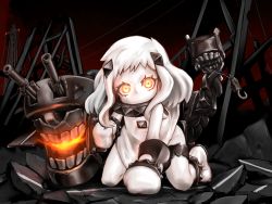 Rule 34 | 10s, 1girl, abyssal ship, ai yori akashi, bare shoulders, clothes lift, colored skin, covered mouth, dress, dress lift, glowing, glowing eyes, highres, horns, kantai collection, kneeling, long hair, looking at viewer, machinery, mittens, northern ocean princess, orange eyes, pale skin, solo, white dress, white hair, white skin