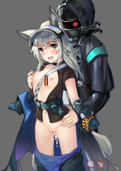 Rule 34 | 1boy, 1girl, 463 jun, absurdres, animal ears, arknights, bad id, bad pixiv id, blush, breasts, brown eyes, clothed sex, collarbone, cum, cum in pussy, gloves, glowing, glowing eye, grabbing, grabbing from behind, grani (arknights), happy sex, hetero, highres, jacket, long hair, navel, nipple stimulation, nipple tweak, nipples, open clothes, open mouth, open shirt, pussy, sex, sex from behind, simple background, small breasts, standing, uncensored