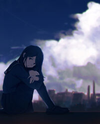 Rule 34 | 1girl, absurdres, arms on knees, black eyes, black footwear, black hair, black sailor collar, black serafuku, black shirt, black skirt, black socks, blue sky, city, city lights, closed mouth, cloud, cloudy sky, contrail, dot nose, from side, frown, full body, highres, kneehighs, knees to chest, leaning forward, legs together, loafers, long hair, long sleeves, looking at viewer, miniskirt, oka kojiro, original, parted bangs, pleated skirt, sailor collar, school uniform, serafuku, shirt, shoes, sidelocks, sitting, skirt, sky, smokestack, socks, solo, straight hair