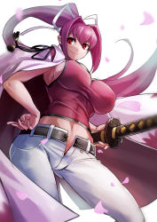 Rule 34 | 1girl, armpits, belt, breasts, denim, hand on own hip, high ponytail, highres, jacket, jacket on shoulders, jeans, katana, large breasts, long hair, looking down, looking to the side, midriff, navel, pants, ponytail, purple hair, red eyes, smile, solo, sowel (sk3), sword, thighs, under night in-birth, weapon, yuzuriha (under night in-birth)