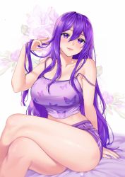 Rule 34 | 1girl, absurdres, animal print, babydoll, bare arms, bare legs, bare shoulders, bed sheet, breasts, butterfly print, casual, collarbone, commission, crossed legs, doki doki literature club, floral background, flower, hand in own hair, highres, large breasts, light smile, lily (flower), long hair, name connection, object namesake, potetos7, print babydoll, purple eyes, purple hair, short shorts, shorts, sitting, solo, spaghetti strap, strap slip, thighs, very long hair, watermark, yuri (doki doki literature club)