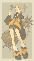 Rule 34 | 1girl, artist name, black footwear, choker, drawstring, full body, gears, grey background, grey eyes, grey hair, grey shorts, half updo, hand up, highres, hood, hood down, hooded jacket, jacket, looking away, looking to the side, nail polish, ninnin14, object on head, original, profile, shoes, short hair, shorts, sleeves past fingers, sleeves past wrists, socks, solo, standing, surreal, w, white socks, winding key, yellow nails, yellow theme, zipper