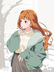 Rule 34 | 1girl, aged up, blue eyes, coat, collared shirt, dress shirt, hair down, hair intakes, idolmaster, idolmaster (classic), k.sho, long hair, open clothes, open coat, orange hair, parted lips, shirt, simple background, skirt, sleeves past wrists, solo, takatsuki yayoi, winter clothes, winter coat
