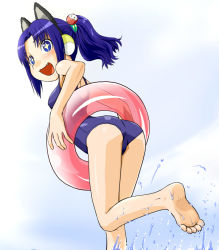 Rule 34 | + +, 1girl, :d, android, animal ears, ass, azuma doguu, bare shoulders, barefoot, blue eyes, blue hair, cameltoe, cat ears, fake animal ears, fang, feet, from behind, gh-420, hair bobbles, hair ornament, happy, innertube, looking back, matching hair/eyes, one-piece swimsuit, open mouth, partner machine, phantasy star, phantasy star universe, ponytail, purple hair, robot ears, running, school swimsuit, sega, smile, soles, solo, swim ring, swimsuit, water