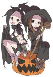 Rule 34 | 10s, 2girls, :d, absurdres, arm warmers, black cape, black hair, black hat, black robe, boots, brown eyes, brown footwear, brown hair, cape, commentary request, creator connection, crossover, fang, fingerless gloves, gloves, hat, highres, holding, jack-o&#039;-lantern, karakai jouzu no takagi-san, kunoichi tsubaki no mune no uchi, long sleeves, multiple girls, open mouth, robe, sandals, simple background, sitting, smile, takagi-san, tsubaki (kunoichi tsubaki no mune no uchi), white background, witch hat, yamamoto souichirou