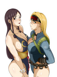 Rule 34 | 2girls, alternate costume, alternate hair length, alternate hairstyle, asymmetrical docking, backpack, bag, bare shoulders, belt pouch, black dress, blonde hair, blue eyes, blue leotard, blush, bracelet, braid, breast press, breasts, brown eyes, brown hair, cammy white, capcom, choker, chun-li, cleavage, dress, goggles, goggles on head, green eyes, hair down, halterneck, hand on own hip, jewelry, large breasts, leotard, lipstick, long hair, looking at viewer, makeup, multiple girls, no bra, official alternate costume, pouch, shiny clothes, shiny skin, sho1027, side braids, sideboob, smile, spiked bracelet, spikes, standing, street fighter, street fighter v, sweat, symmetrical docking, unzipped