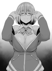 Rule 34 | 1girl, barlunn, bow, bowtie, breasts, closed mouth, commentary request, glasses, greyscale, gridman universe, hands up, highres, large breasts, long sleeves, looking at viewer, monochrome, school uniform, shinjou akane, shirt, short hair, smile, solo, ssss.gridman