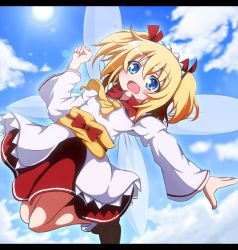 Rule 34 | 1girl, ascot, blonde hair, blue eyes, blue sky, blush, cloud, day, do (4-rt), fairy, fairy wings, female focus, hair ribbon, lens flare, letterboxed, long sleeves, looking at viewer, maid headdress, obi, open mouth, outstretched arm, raised fist, ribbon, sash, shirt, skirt, sky, solo, sun, sunny milk, touhou, twintails, wide sleeves, wings