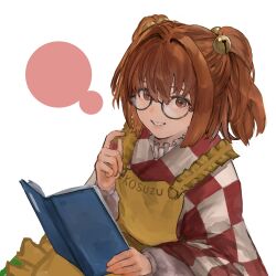 Rule 34 | 1girl, absurdres, apron, bell, book, bubble, checkered clothes, checkered kimono, checkered shirt, eneshi, eyewear on head, glasses, hair bell, hair ornament, highres, japanese clothes, jingle bell, kimono, motoori kosuzu, open mouth, page number, shirt, touhou, two side up, wide sleeves, yellow apron