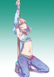 Rule 34 | 1boy, absurdres, arabian clothes, arm up, armpits, blue footwear, bulge, closed mouth, crossdressing, detached sleeves, gerudo set (zelda), gradient background, hej (mugmnm51), hej (pixiv13035031), highres, link, looking at viewer, male focus, navel, nintendo, pants, sidelocks, solo, the legend of zelda, the legend of zelda: breath of the wild, trap