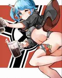 Rule 34 | 15k, 1girl, alcohol, beer, beer mug, bikini, black jacket, blue eyes, blue hair, blush stickers, buttons, cannon, cowboy shot, cross, cup, emblem, eyebrows, flag background, grin, holding, holding cup, iron cross, jacket, jumping, looking at viewer, mug, navel, nazi war ensign, one eye closed, rebellion army flag, remodel (warship girls r), side ponytail, smile, solo, swimsuit, thigh strap, u47 (warship girls r), warship girls r