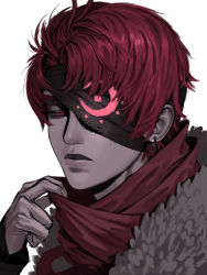 Rule 34 | 1boy, absurdres, bandage over one eye, bandages, close-up, closed mouth, crescent, damien (maplestory), earrings, fingernails, glint, grey background, half-closed eyes, highres, hyeonjong8, jewelry, male focus, maplestory, one eye covered, photoshop (medium), red eyes, red hair, red scarf, scarf, simple background, single earring, solo, third-party edit, upper body