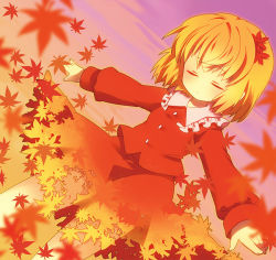 Rule 34 | 1girl, aki shizuha, autumn leaves, blonde hair, buttons, chaba (hortensia), closed eyes, closed mouth, collar, collared shirt, dissolving clothes, female focus, fingernails, frilled shirt collar, frills, hair ornament, leaf, leaf hair ornament, long sleeves, maple leaf, outstretched arms, puffy long sleeves, puffy sleeves, red shirt, shirt, short hair, skirt, solo, touhou, white collar
