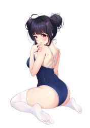 Rule 34 | 1girl, absurdres, ass, black hair, blush, double bun, feet, finger to mouth, hair bun, highres, long hair, looking at viewer, mole, mole under eye, one-piece swimsuit, red eyes, see-through, see-through legwear, sitting, soles, swimsuit, thighhighs, toes, wariza, white thighhighs