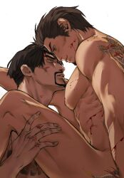 2boys anal bara black_hair blood_on_cheek blush completely_nude couple cowboy_shot eye_contact eyepatch facial_hair from_side goatee happy_sex hickey highres irezumi kiryu_kazuma large_pectorals looking_at_another majima_goro male_focus mature_male medium_sideburns multiple_boys muscular muscular_male nipples nude pectorals profile rough_sex ryuu_ga_gotoku_(series) sex short_hair sotenborinpc suspended_congress tattoo thick_eyebrows tsurime