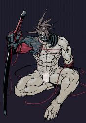 Rule 34 | 1boy, abs, bara, brown hair, fate/grand order, fate (series), large pectorals, looking at viewer, male focus, mask, men cho, muscular, muscular male, no pants, pectorals, sitting, solo, stomach, sword, tanaka shinbei (fate), thighs, weapon