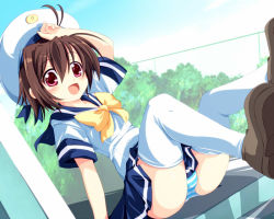 Rule 34 | 1boy, bad id, bad pixiv id, brown hair, bulge, crossdressing, hat, legs up, male focus, marino roki, marinon, open mouth, original, panties, red eyes, sailor, sailor collar, sailor hat, sailor shirt, shirt, sitting, smile, solo, striped clothes, striped panties, thighhighs, trap, underwear, upskirt