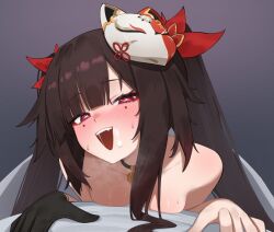 Rule 34 | 1girl, bell, breast press, breasts, brown hair, butterfly-shaped pupils, choker, flasso, fox mask, heart, heart-shaped pupils, heavy breathing, honkai: star rail, honkai (series), long hair, looking at viewer, mask, mask on head, neck bell, pink eyes, small breasts, smile, sparkle (honkai: star rail), suggestive fluid, sweat, symbol-shaped pupils, twintails