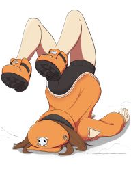Rule 34 | 1girl, absurdres, accurina, ass, bare legs, black shorts, brown hair, clothing cutout, commentary, english text, faceplant, full scorpion, guilty gear, guilty gear strive, hat, highres, hood, hoodie, legs up, may (guilty gear), orange footwear, orange hat, orange hoodie, orange theme, pirate hat, short shorts, shorts, shoulder cutout, simple background, skull and crossbones, solo, top-down bottom-up, white background