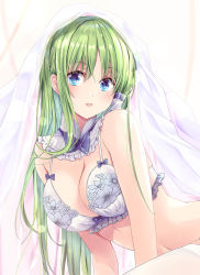 Rule 34 | 1girl, :d, bare shoulders, blue bow, blue bowtie, blue eyes, blush, bow, bow bra, bowtie, bra, breasts, cleavage, collarbone, commentary request, deep skin, detached sleeves, eyelashes, fingernails, frilled bra, frills, frog, frog hair ornament, fule, green hair, hair between eyes, hair ornament, hair tubes, highres, kochiya sanae, lace, lace bra, large breasts, long hair, looking at viewer, nail polish, navel, off shoulder, open mouth, pink nails, skindentation, smile, snake, snake hair ornament, solo, thighhighs, touhou, underwear, upper body, veil, white bra, white thighhighs