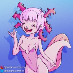 Rule 34 | 1girl, axolotl, axolotl girl, breasts, cameltoe, cleavage, colored skin, covered erect nipples, highres, monster girl, nipples, original, pink hair, self-upload, short hair, simple background, solo, stefano fuor d&#039;acqua, swimsuit