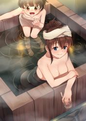 Rule 34 | 2girls, bare shoulders, bath, blue eyes, blush, breasts, brown eyes, brown hair, cleavage, closed mouth, collarbone, completely nude, drinking straw, idolmaster, idolmaster million live!, kamille (vcx68), large breasts, looking at viewer, multiple girls, nakatani iku, naked towel, nude, open mouth, satake minako, short hair, smile, towel