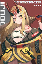 Rule 34 | 1girl, absurdres, adapted costume, bandeau, black nails, blonde hair, character name, dolce (dolsuke), earrings, facial mark, fang, fang out, fate/grand order, fate (series), fingernails, forehead mark, highres, horns, ibaraki douji (fate), jacket, jewelry, long hair, nail polish, oni, oni horns, pointy ears, sharp fingernails, sidelocks, smile, solo, star (symbol), yellow eyes, yellow jacket