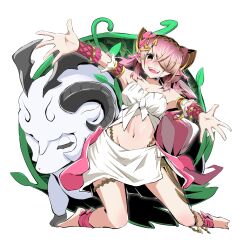 Rule 34 | 1girl, 1other, absurdres, barefoot, baromet the sacred sheep shrub, closed eyes, dress, duel monster, hair over one eye, halterneck, highres, midriff, navel, open mouth, pink hair, red eyes, sheep, smile, tomiyama mishiro, traptrix pinguicula, white background, white dress, wristband, yu-gi-oh!