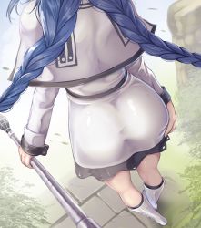 Rule 34 | 1girl, ass, ass focus, ass support, blue hair, boots, braid, capelet, commentary, day, dress, female focus, from behind, head out of frame, highres, holding, holding staff, knee boots, long hair, monikano, mushoku tensei, outdoors, roxy migurdia, solo, staff, twin braids, very long hair, white capelet, white dress, white footwear