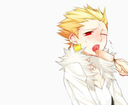 Rule 34 | 1boy, blonde hair, blush, earrings, fate/stay night, fate (series), food, gilgamesh (fate), haine (howling), jewelry, male focus, open mouth, popsicle, red eyes, saliva, sexually suggestive, short hair, solo, sweat, tongue