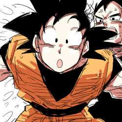 Rule 34 | 2boys, :o, annoyed, black eyes, black hair, dougi, dragon ball, dragonball z, looking at another, looking at viewer, male focus, miiko (drops7), multiple boys, simple background, son goku, spiked hair, sweatdrop, vegeta, white background