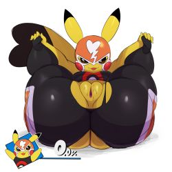 Rule 34 | 1girl, absurdres, ass, ass cutout, breasts, brown eyes, cleft of venus, clitoral hood, clothing cutout, cosplay pikachu, creatures (company), eric lowery, eyelashes, fat mons, furry, game freak, gameplay mechanics, gen 1 pokemon, highres, huge ass, legs up, looking at viewer, lying, mask, nintendo, on back, open mouth, pikachu, pikachu libre, pokemon, pokemon (creature), presenting, pussy, pussy juice, spread legs, super smash bros., thick thighs, thighs, torn clothes, uncensored, white background