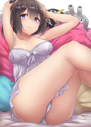 Rule 34 | 1girl, absurdres, akizuki (kancolle), armpits, arms up, ass, black hair, blue eyes, bow, breasts, breasts apart, camisole, chou-10cm-hou-chan, covered erect nipples, cushion, failure penguin, hands in hair, highres, kantai collection, kiritto, kneepits, knees up, long hair, medium breasts, panties, ponytail, sitting, skindentation, solo, spaghetti strap, stuffed toy, thighs, underwear, wavy mouth, white background, white bow, white panties