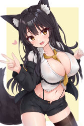 Rule 34 | 1girl, :d, absurdres, animal ear fluff, black hair, black jacket, black shorts, blush, breasts, brown thighhighs, collarbone, collared shirt, fang, highres, jacket, kazuneko (wktk1024), large breasts, long hair, long sleeves, looking at viewer, midriff, navel, necktie, open mouth, original, shirt, short shorts, shorts, smile, solo, tail, thighhighs, tongue, v, white shirt, yellow eyes, yellow necktie