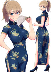 Rule 34 | 1girl, alternate costume, blue dress, blue eyes, blue footwear, breasts, brown hair, china dress, chinese clothes, comala (komma la), commentary, cowboy shot, dress, floral print, full body, high heels, highres, intrepid (kancolle), kantai collection, large breasts, looking at viewer, multiple views, ponytail, short hair, simple background, standing, white background