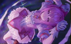 Rule 34 | 1girl, absurdres, amulet, bad id, bad pixiv id, dress, frilled dress, frills, from above, gloves, hands up, highres, jewelry, kaname madoka, looking at viewer, lying, magical girl, mahou shoujo madoka magica, mahou shoujo madoka magica (anime), necklace, pink dress, pink eyes, pink hair, puffy short sleeves, puffy sleeves, short sleeves, smile, solo, twintails, white gloves, yuki hsu