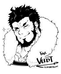 Rule 34 | 1boy, bara, beard, cape, collarbone, commission, cropped shoulders, facial hair, fate/grand order, fate (series), fur-trimmed cape, fur collar, fur trim, greyscale, head tilt, highres, iskandar (fate), kimakkun, looking to the side, male focus, mature male, monochrome, muscular, muscular male, one eye closed, second-party source, short hair, smile, solo, sparkle