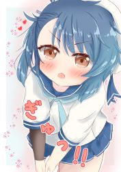Rule 34 | 1girl, :o, arm warmers, asymmetrical bangs, beret, blue hair, blue neckwear, blue ribbon, blue sailor collar, blue skirt, blush, brown eyes, commentary request, fang, fukae (kancolle), hair between eyes, hat, heart, highres, kantai collection, long hair, looking at viewer, open mouth, pleated skirt, ribbon, ridy (ri sui), sailor collar, school uniform, serafuku, shirt, short sleeves, single arm warmer, skirt, solo focus, translation request, v-shaped eyebrows, white hat, white shirt