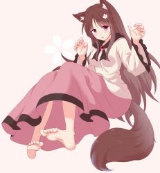 Rule 34 | 1girl, alternate color, alternate eye color, animal ear fluff, animal ears, arms up, barefoot, breasts, brooch, brown hair, cherry blossoms, claw pose, commentary, commentary request, fang, feet, flower, frilled sleeves, frills, hair flower, hair ornament, head tilt, highres, imaizumi kagerou, jewelry, long hair, long skirt, long sleeves, looking at viewer, medium breasts, open mouth, pink background, pink eyes, pink skirt, shawl, shirt, simple background, sitting, skirt, soles, solo, tail, thick eyebrows, toes, touhou, untucked shirt, utakata (azaka00), very long hair, white shirt, wolf ears, wolf tail