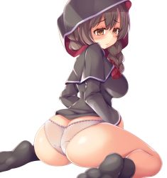 Rule 34 | 1girl, ass, black capelet, blush, braid, breasts, brown hair, capelet, commentary request, from behind, highres, hood, hooded capelet, kantai collection, kneehighs, kurokoshou (emuburemu123), large breasts, long hair, long sleeves, looking at viewer, no pants, panties, seiza, shinshuu maru (kancolle), simple background, sitting, socks, soles, solo, sweatdrop, thighs, twin braids, underwear, wedgie